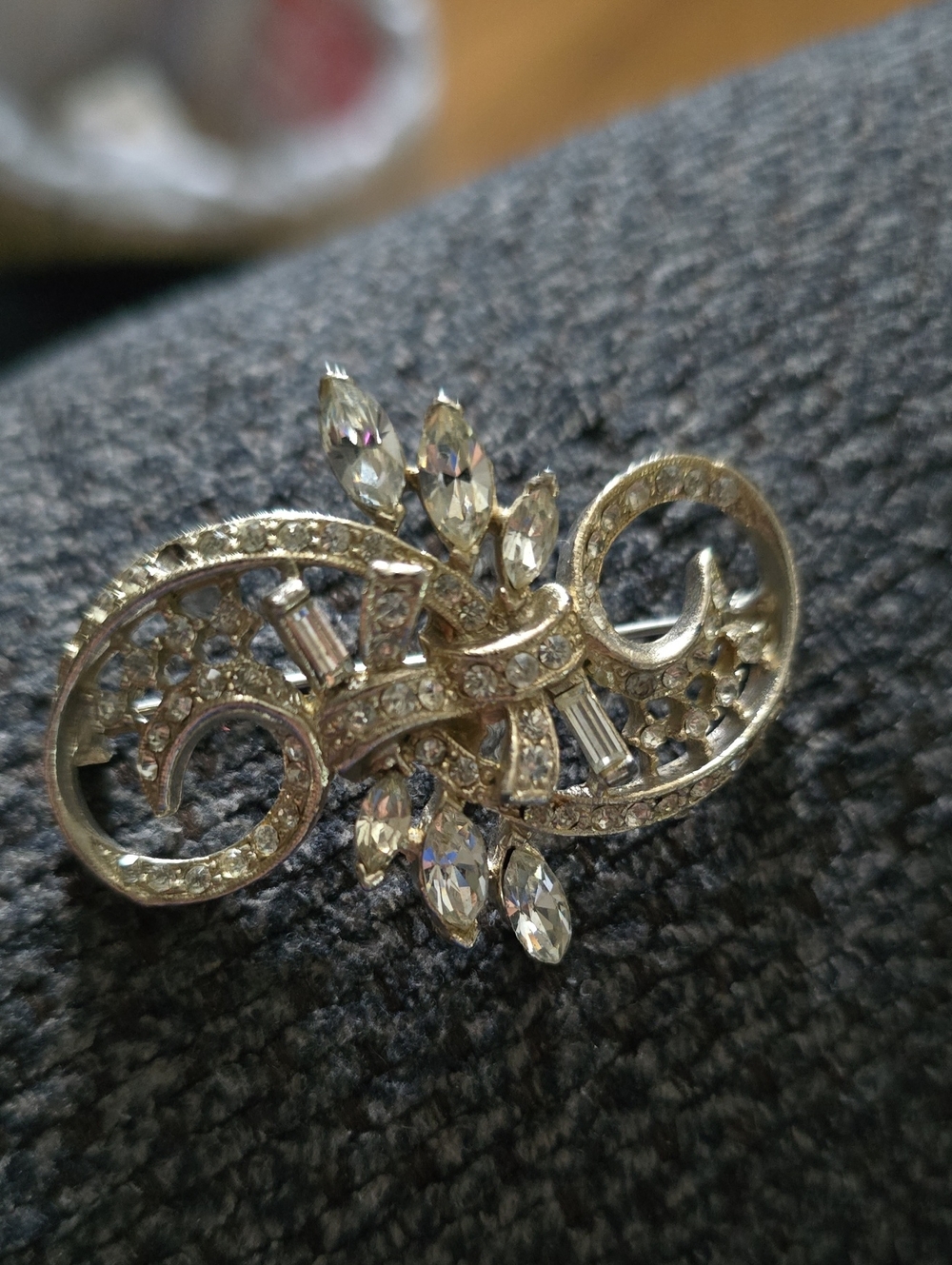 Crystal Ribbon Floral Silver-Tone Brooch W/ Baguette &Round Stone- Women Jewelry